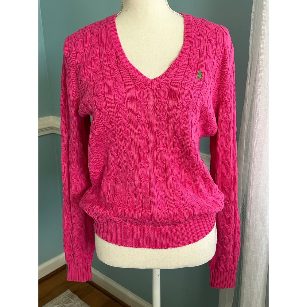 Ralph Lauren Sport Hot Pink Cable Knit Cotton V-Neck Sweater Green Pony Large